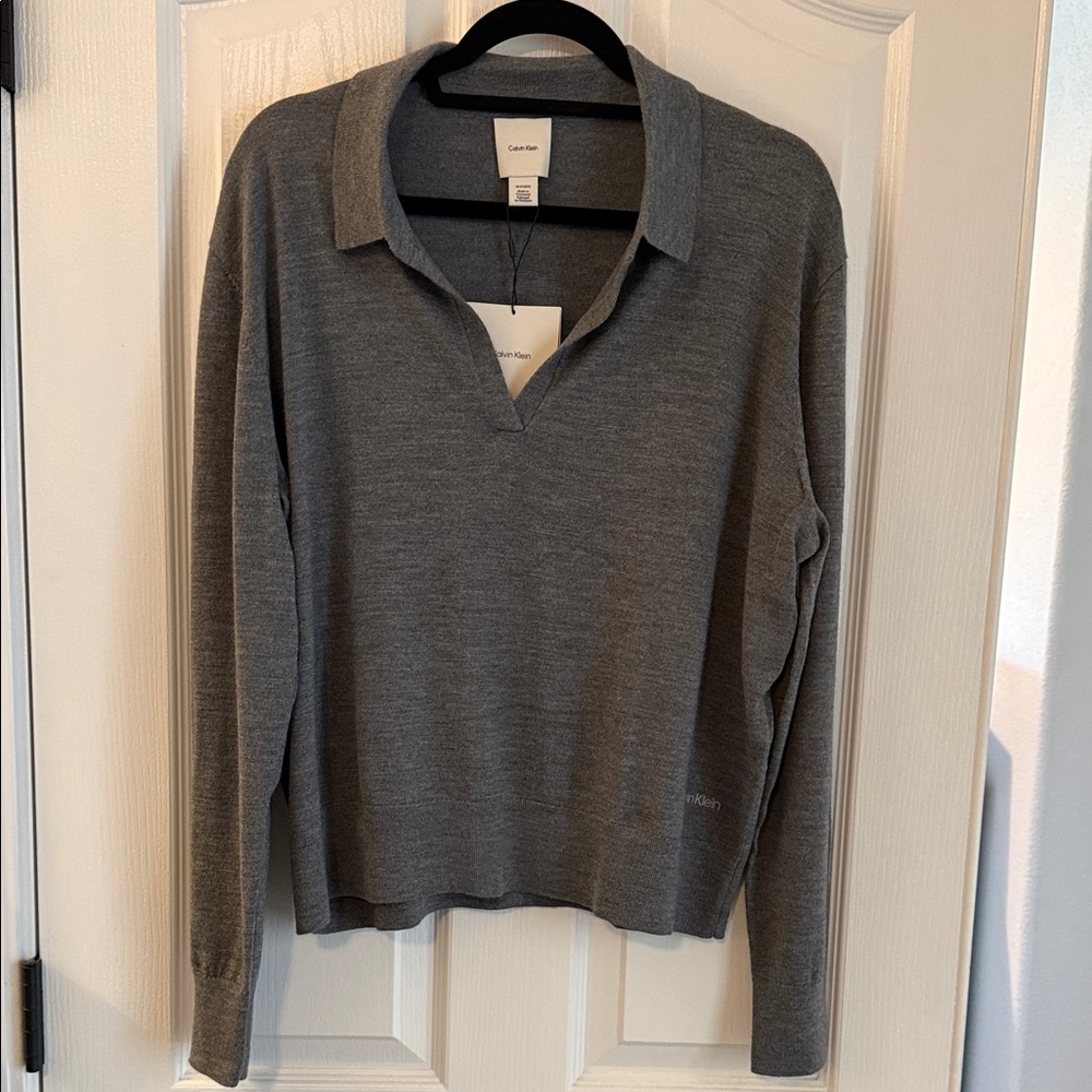 Calvin Klein grey long-sleeve knit V-neck polo sweater